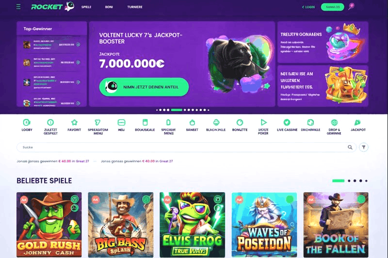 Detaillierter Screenshot der Rocket Casino Spielhalle mit Slotmaschinen, Tischspielen und Live Casino Bereichen